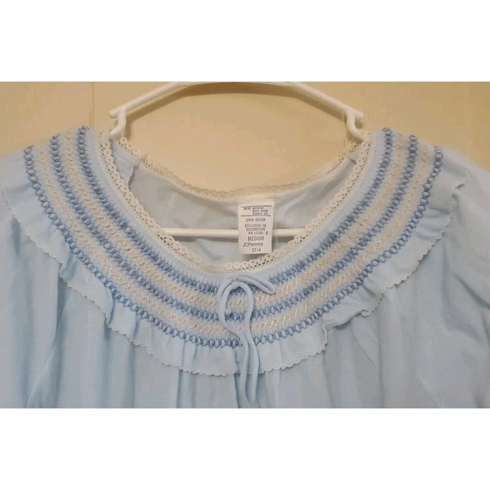 Vtg JC Penney Sz M Long Sleeve Nylon Nightgown Blue Lace Extra Soft Cottagecore